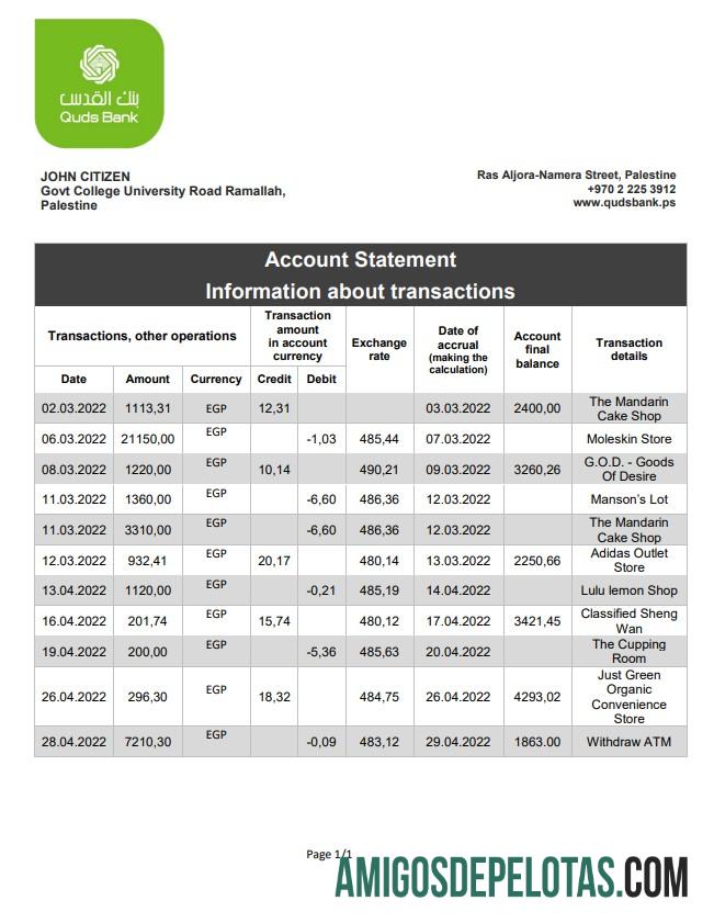 Palestine Quds extrato bancário amostra